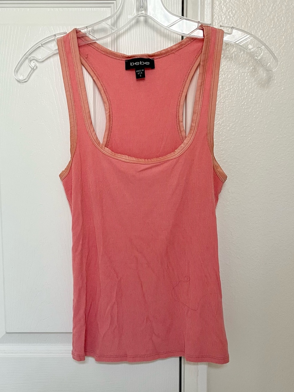 Bebe Coral-Peach Pink Ribbed Racerback Tank